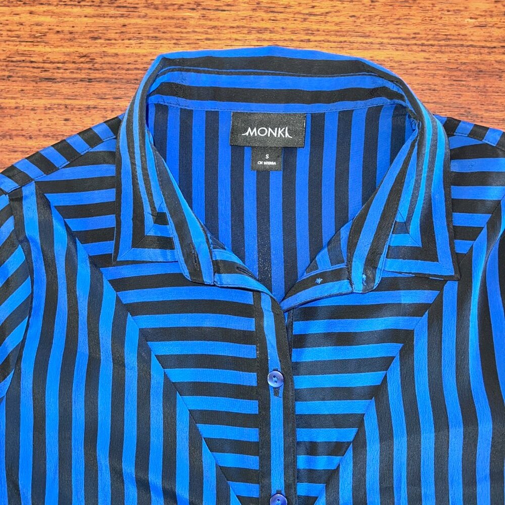 Monki Black & Blue Striped Long Sleeve Blouse